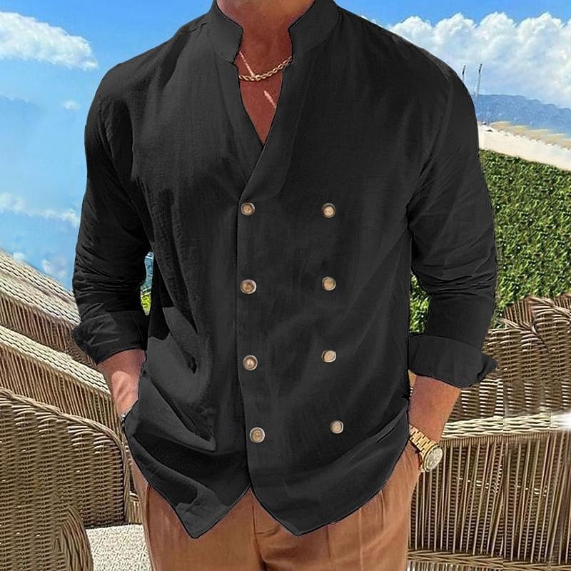 Men's Shirt Linen Shirt Popover Shirt Summer Shirt Beach Wear Button Up Shirt Plain Vacation Curise Black Blue Beige Long Sleeve Band Collar Spring & Summer Clothing Apparel3