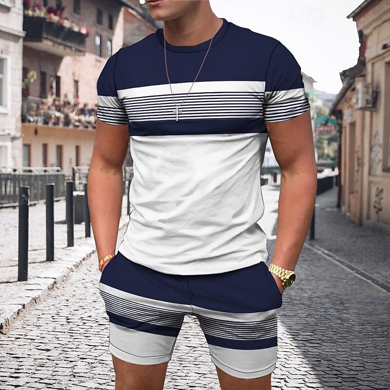 Men's T-shirt Suits 2 Pieces Outfits Tee & Shorts Short Sleeve Crew Neck Summer Color Block Stripes Fashion Casual 2 Piece Vacation Daily Wear Going out Black Navy Blue Red Black Top Tee for Men
