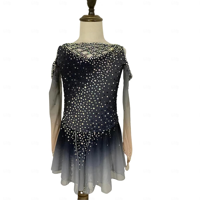 Figure Skating Dress Women's Girls' Ice Skating Dress Dark Gray Thumbhole Halo Dyeing Mesh Spandex Stretchy Training Practice Professional Skating Wear Thermal Warm Classic Crystal / Rhinestone Long2