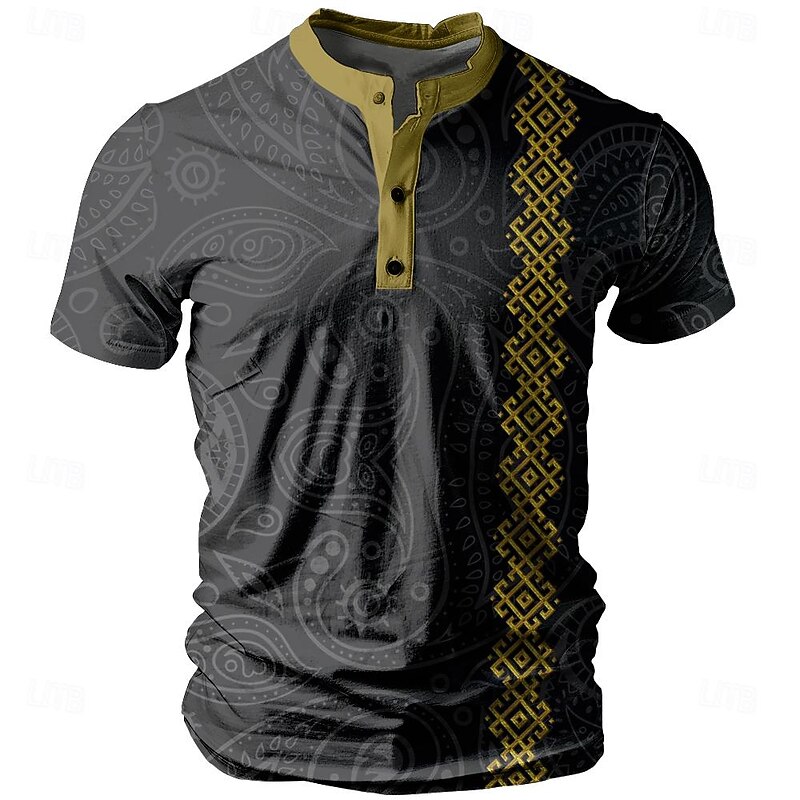 Men's Tribal Bandana Print T shirt Henley Shirt Short Sleeve 3D Print Designer Ethnic Street Casual Daily Summer Spring Black Gray Henley Henley T-Shirt