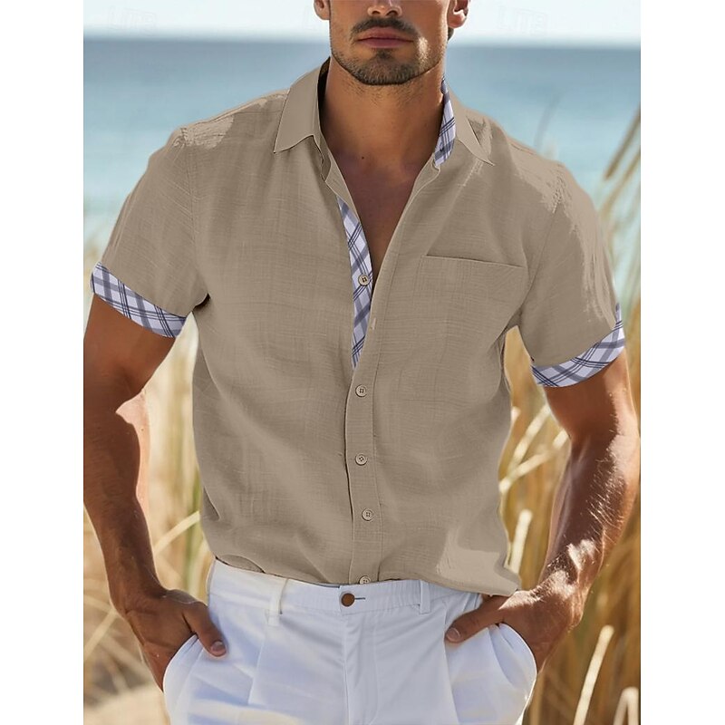 Men's Shirt Linen Shirt Summer Shirt Beach Wear Button Up Shirt Plain Vacation Curise White Blue Blue Khaki Short Sleeve Collar Summer Spring Clothing Apparel2