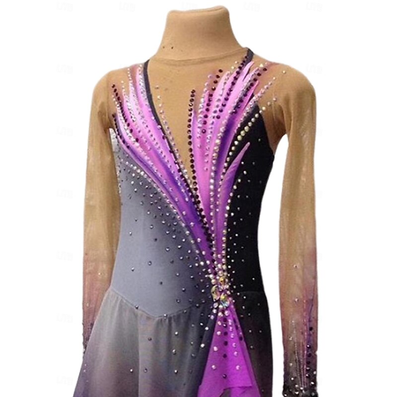 Figure Skating Dress Women's Girls' Ice Skating Dress Dusty Rose Patchwork Thumbhole Mesh Spandex Stretchy Training Practice Professional Skating Wear Crystal / Rhinestone Long Sleeve Ice Skating4