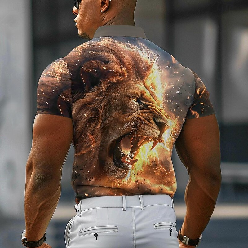 Men's Lion Polo Shirts Golf Shirt Short Sleeve Polo Shirts Collared Shirts Funny Streetwear Vacation Wear Party Outfits Buttons 3D Print Spring & Summer Orange2