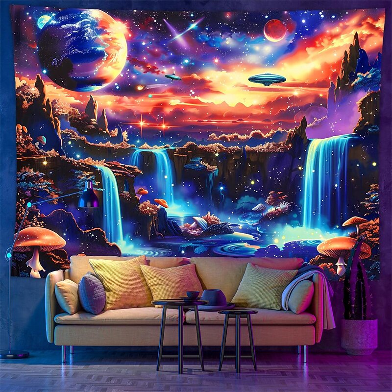Blacklight Tapestry UV Reactive Glow in the Dark Glow Party Neon Galaxy Universe Mushrooms Psychedelic Trippy Misty Hanging Tapestry Wall Art Mural for Living2