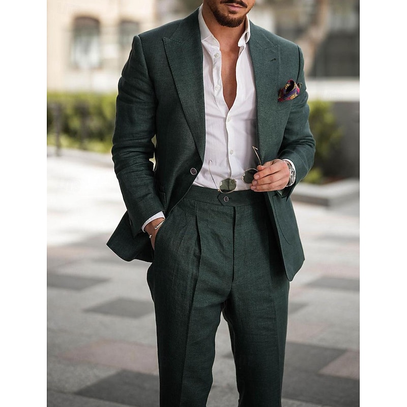 Men's Wedding Linen Suits Peaked Lapel Dark Green Solid Colored Tailored Fit 2 Piece Single Breasted One-button2