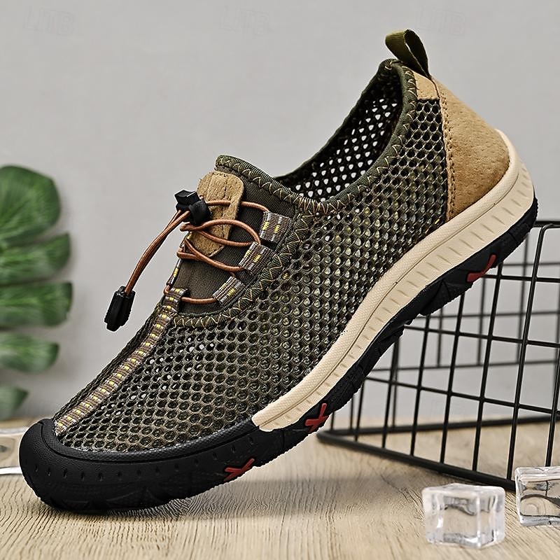 Men's Breathable Mesh Outdoor Walking Shoes with Elastic Lace and Anti-Slip Sole, Lightweight Quick-Dry Sneakers for Hiking, Fishing and Summer Travel