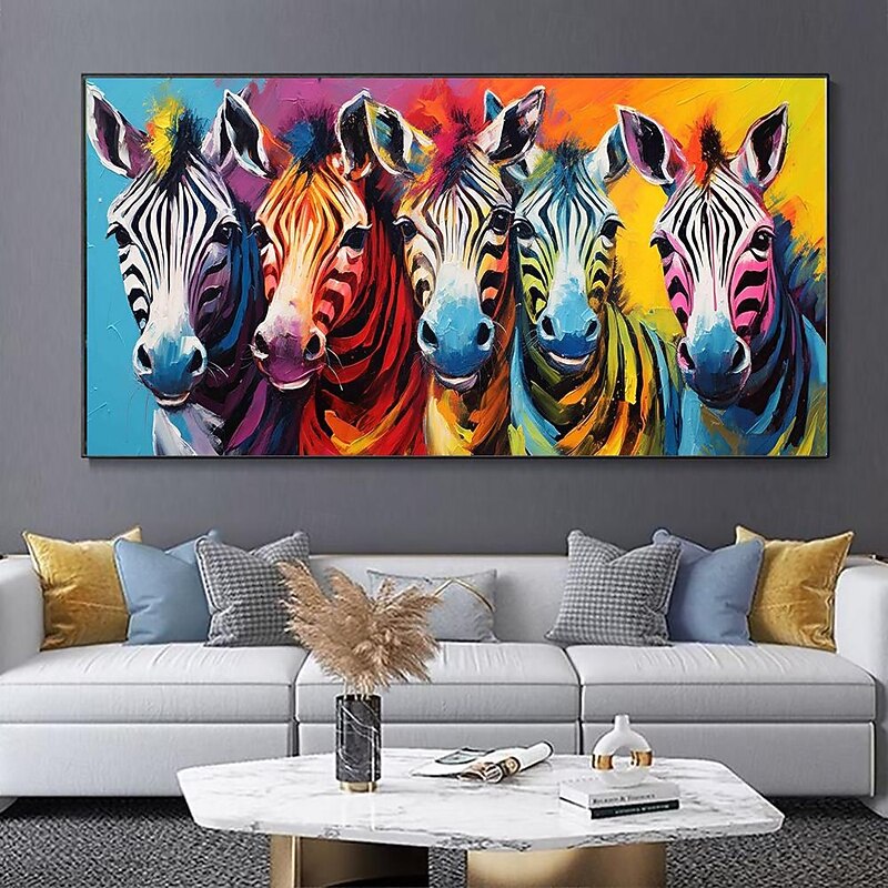 Handmade Oil Painting Canvas Wall Art Decoration Modern Cute Cartoon Animal Colorful Zebra for Children's Room Home Decor Rolled Frameless Unstretched Painting4