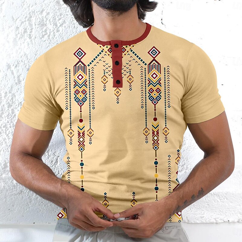 Men's Tribal T shirt Short Sleeve 3D Print Ethnic Casual Vacation Daily Holiday Summer Spring Khaki Henley Henley T-Shirt