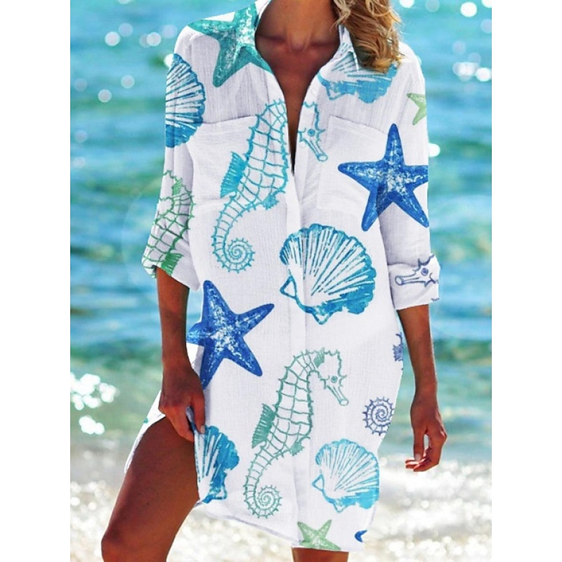 Women's Shirt Blouse Graphic Casual Beach Long Sleeve Shirt Collar Long Tops Vacation Beach Buttons Pocket Print White Light Green Blue Green Spring & Summer4