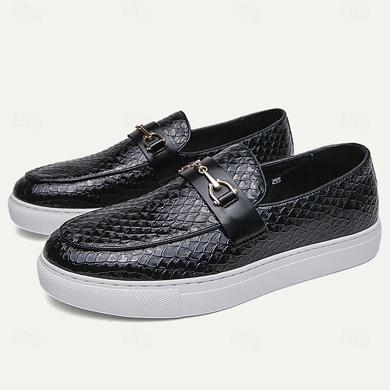 Men's Leather Slip-On Loafers - Stylish Embossed Dress Shoes with Metal Bit4