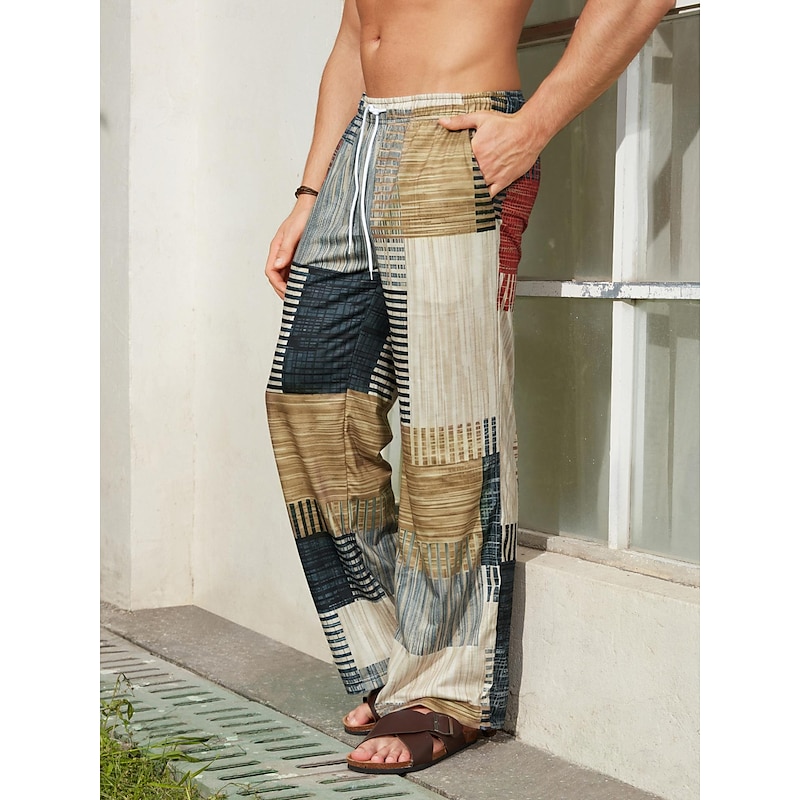 Men's Trousers Summer Pants Beach Pants Drawstring Elastic Waist 3D Print Stripe Graphic Prints Geometry Comfort Casual Daily Holiday Streetwear Hawaiian Yellow Blue2