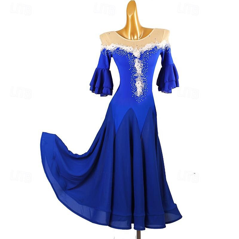 Ballroom Dance Dress Rhinestone Women's Girls' Performance Training Half Sleeve High Chiffon Chinlon Tulle3