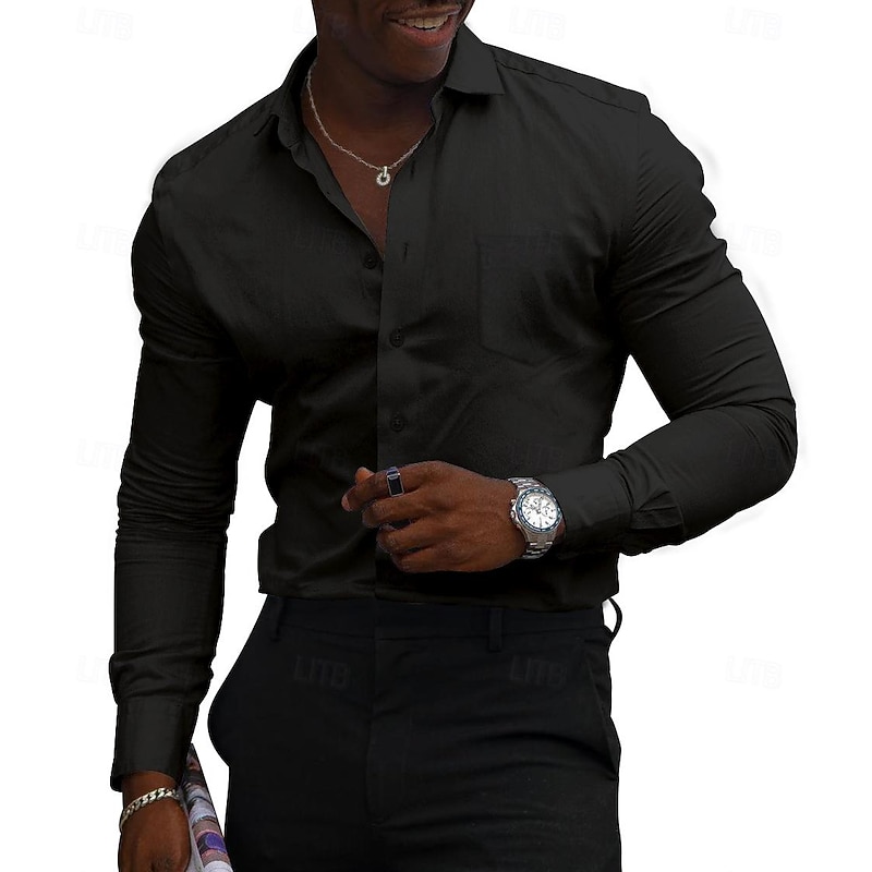 Men's Dress Shirt Homecoming Regular Fit Long Sleeve Lapel Solid Color Cotton Cotton Blend Black White 20253