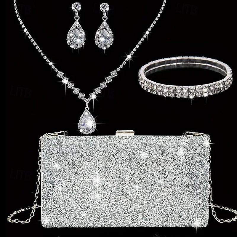 Women's Rhinestone Jewelry and Clutch Set for Weddings and Evening Parties, Sparkling Necklace, Earrings, Bracelet & Glitter Purse2
