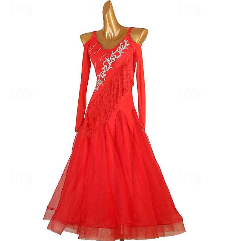 Ballroom Dance Dress Rhinestone Pure Color Women's Performance Training Long Sleeve High Chinlon Organza Tulle3