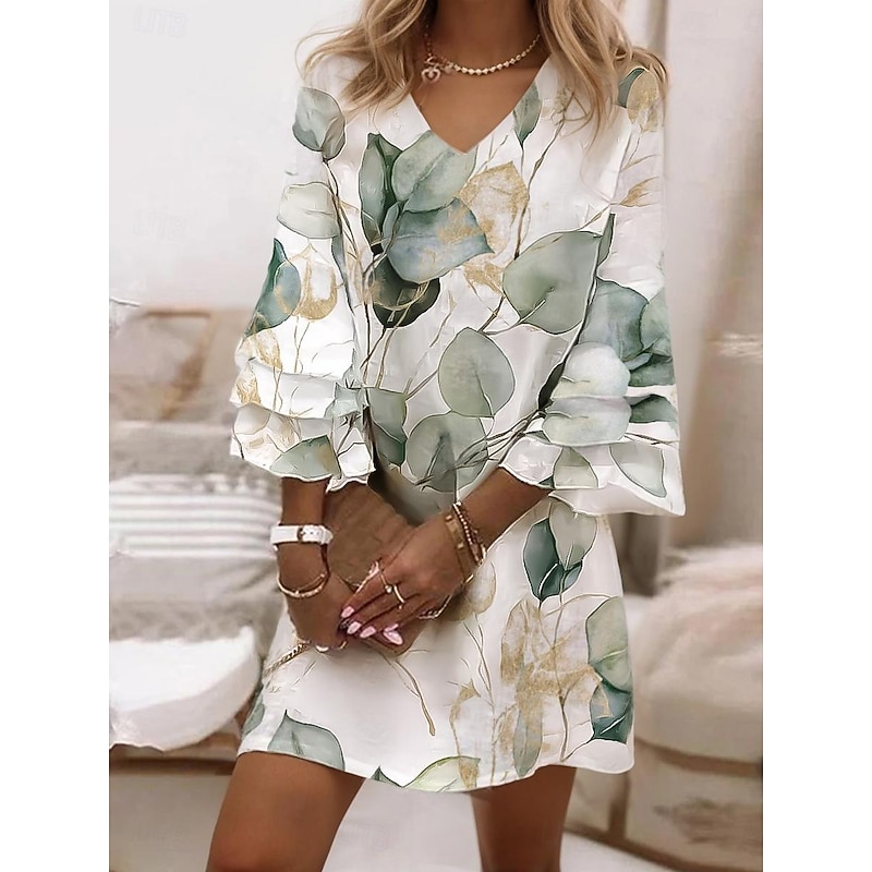 Women's Mini Dress Semi Formal Dress Sundress A Line Dress Summer Dress Fashion Classic Modern Ruffle Sleeve Flared Sleeve Vacation Daily Holiday Regular Fit Floral Graphic Leaf 3/4 Length Sleeve V