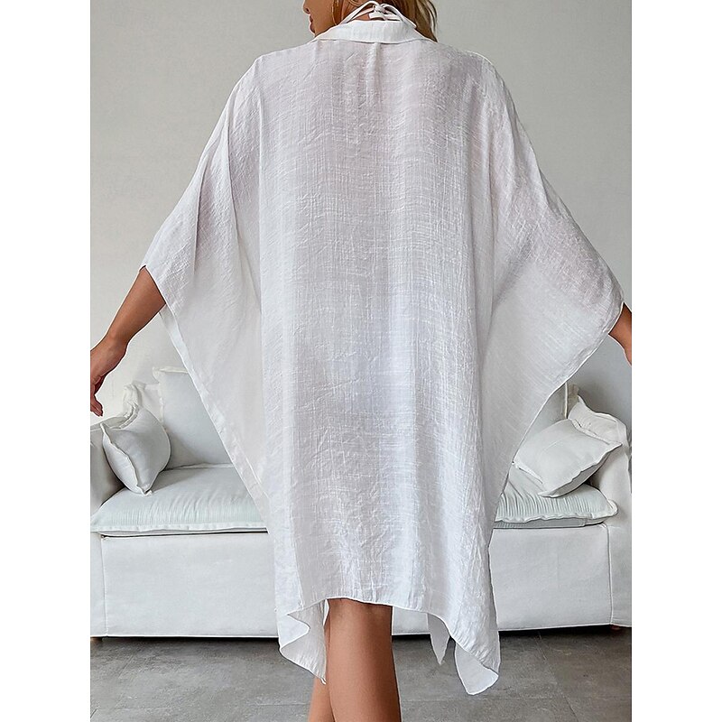 Women's White Dress Shirt Dress Mini Dress Vacation Beach Cotton Basic Modern Shirt Collar Button Long Sleeve Summer Spring Loose Fit Plain2