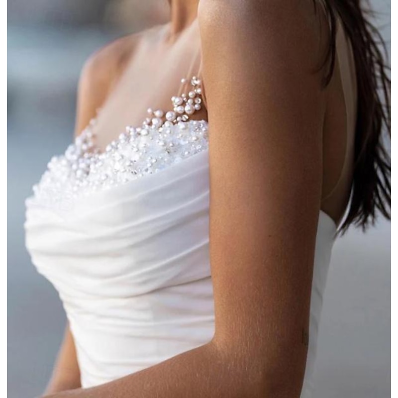 Beach Wedding Dresses A-Line Boat Neck Sleeveless Sweep / Brush Train Tulle Bridal Gowns With Solid Color4
