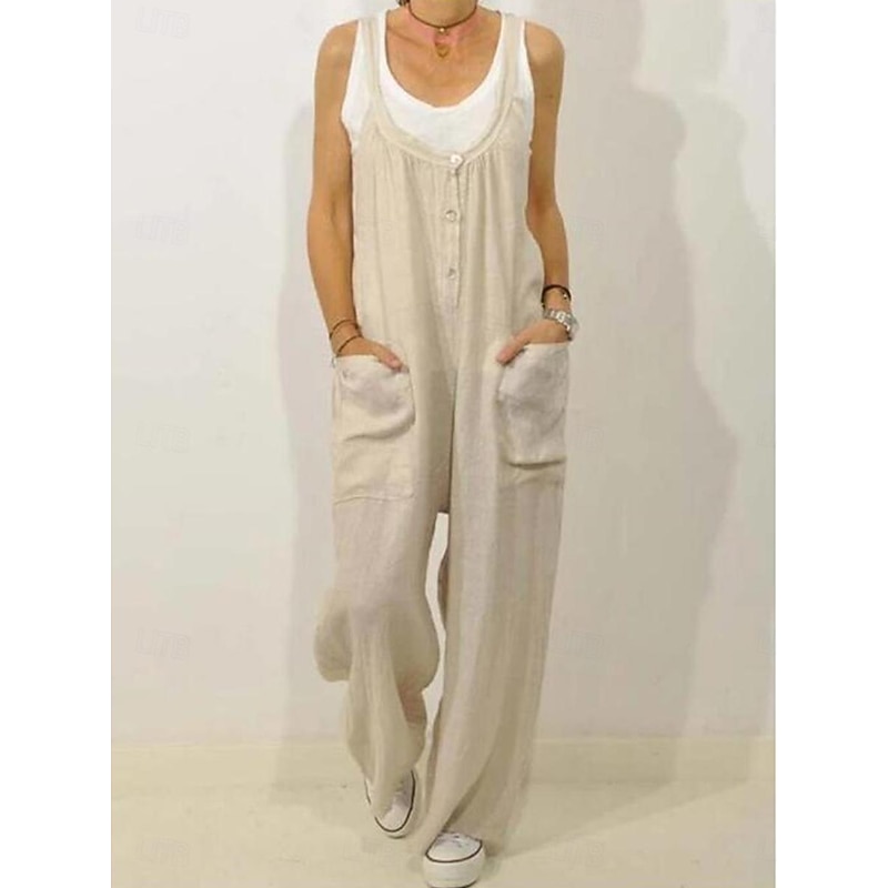 Women's Normal Overall Dungarees Streetwear Solid Color Sleeveless V Neck Buttons Pocket Street Daily Regular Fit Black Khaki Summer