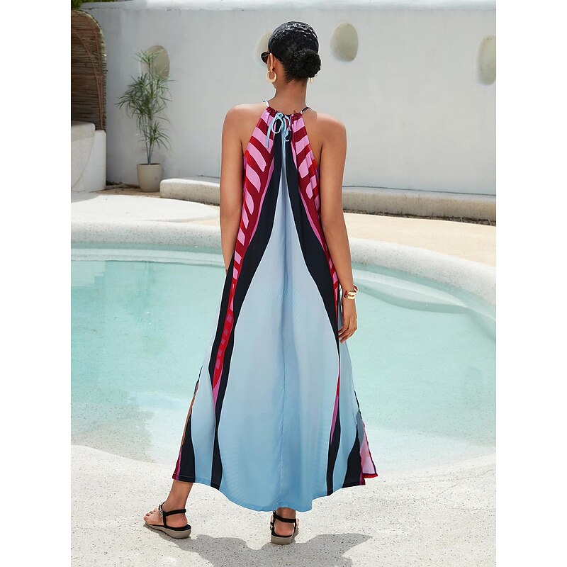Women's Halter Neck Dress Satin Maxi Maxi Dress Rainbow Sleeveless Contrast Color Color Block Summer Halter Neck Vacation S M L3