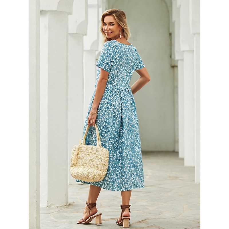 Women's Midi Dress Floral Dress Summer Dress Print Dress Fashion Streetwear Modern Outdoor Daily Date Loose Fit Floral Ditsy Floral Short Sleeve Crew Neck Navy Blue Royal Blue Blue Dark Blue Summer3