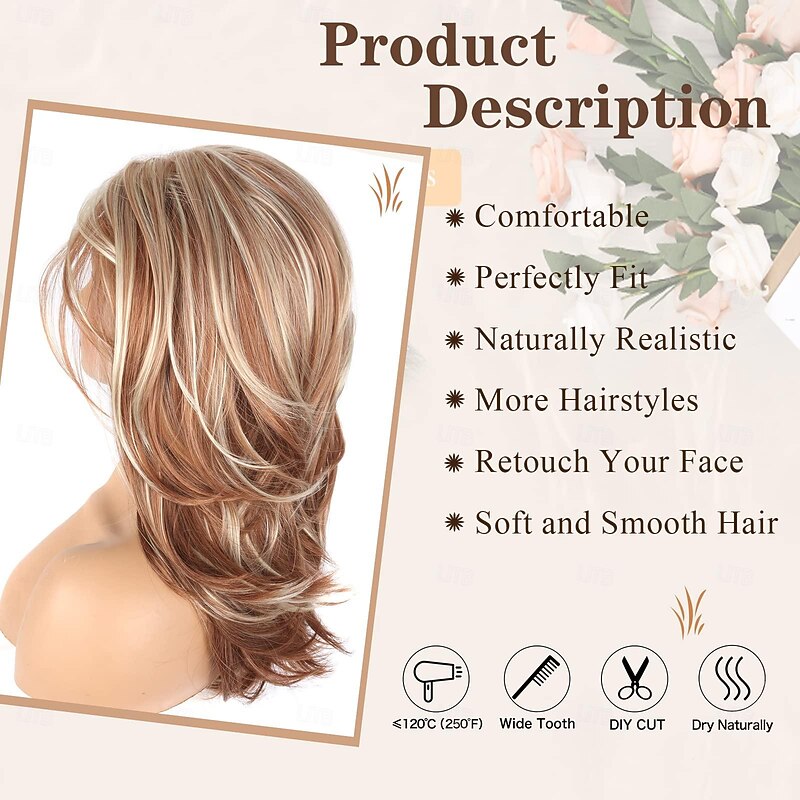 Long Layered Wig Blonde Layered Wigs 16Inch Natural Wave Hair Wig for Women Daily Party Use Fashion Hair Replacement Wigs Synthetic (16Inch, Brown Mixed Blonde#)3