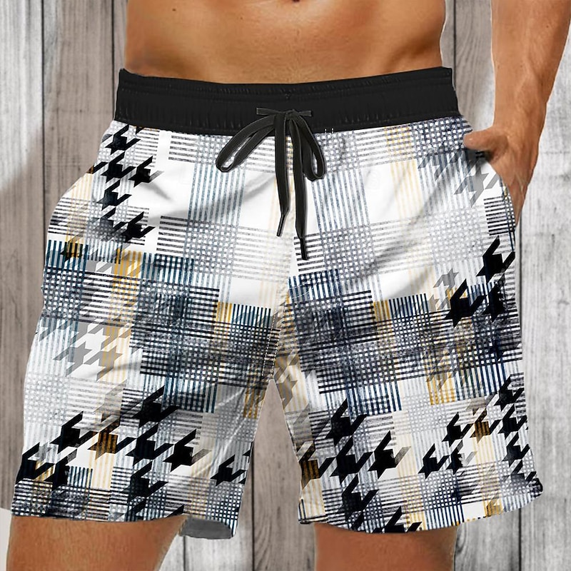 Men's Geometric Plaid Color Block Swim Shorts Board Shorts Swimming Trunks Mid Waist Fashion Streetwear Designer Casual Daily Holiday Pocket Elastic Waist 3D Print Designer Clothing Apparel