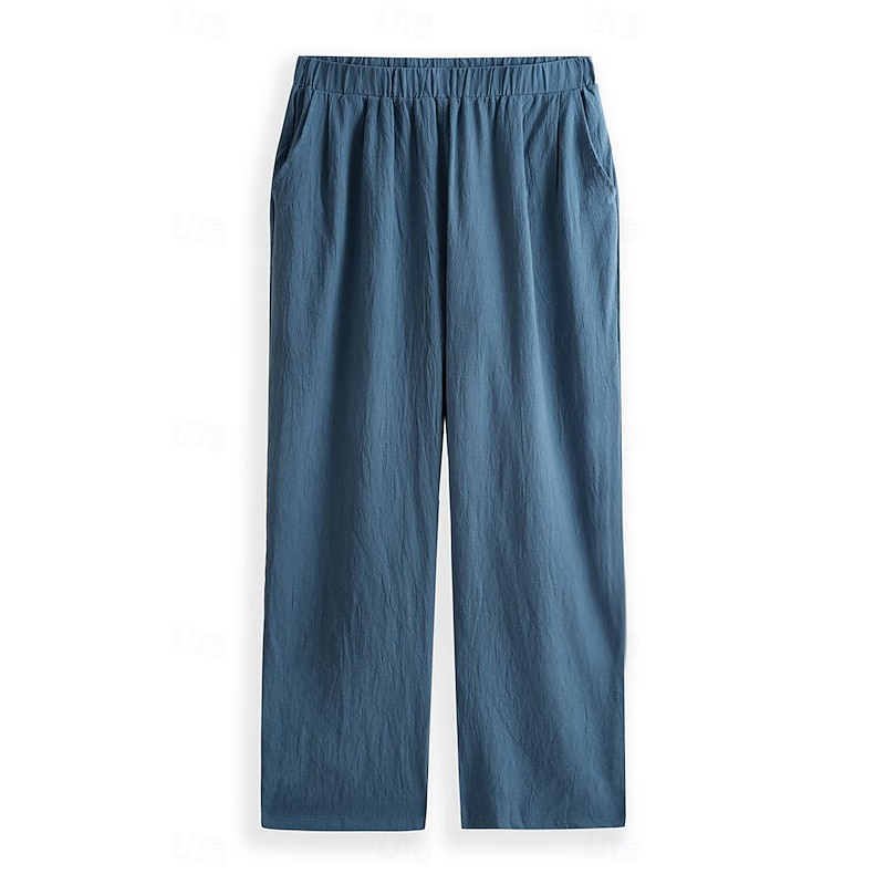 Men's Linen Pants Trousers Summer Pants Elastic Waist Straight Leg Solid Color Comfort Breathable Full Length Yoga Holiday Fashion Streetwear Blue Orange Inelastic2