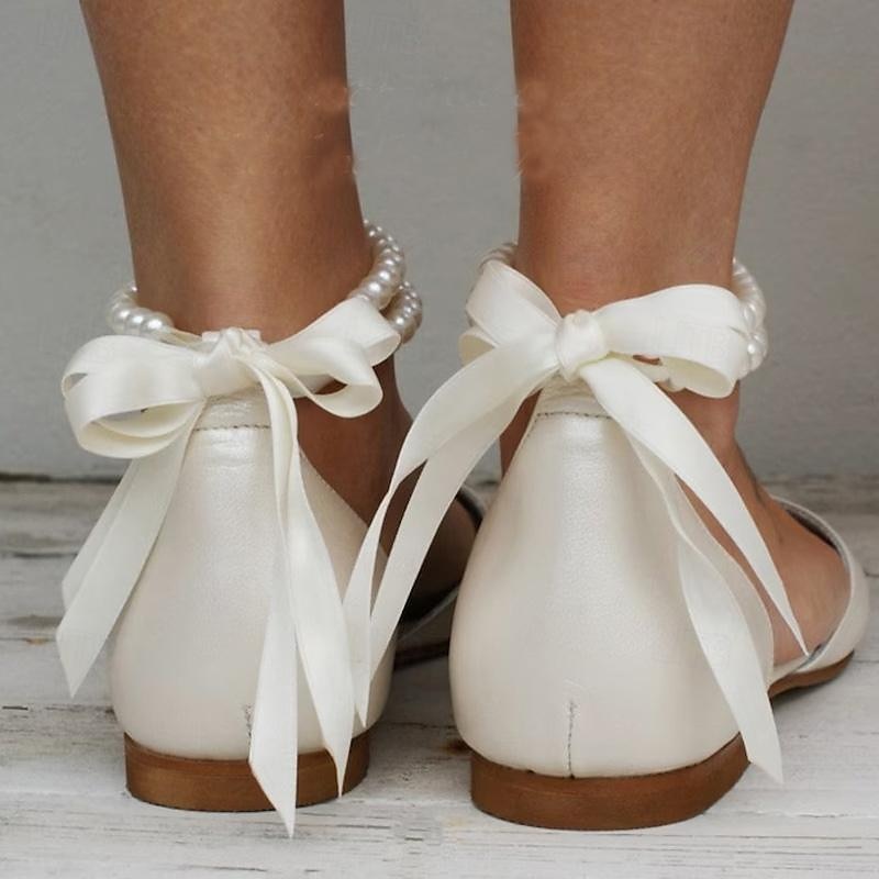 Women's White Pearl Ankle Strap Flats – Elegant Bridal Shoes for Weddings and Special Occasions 6