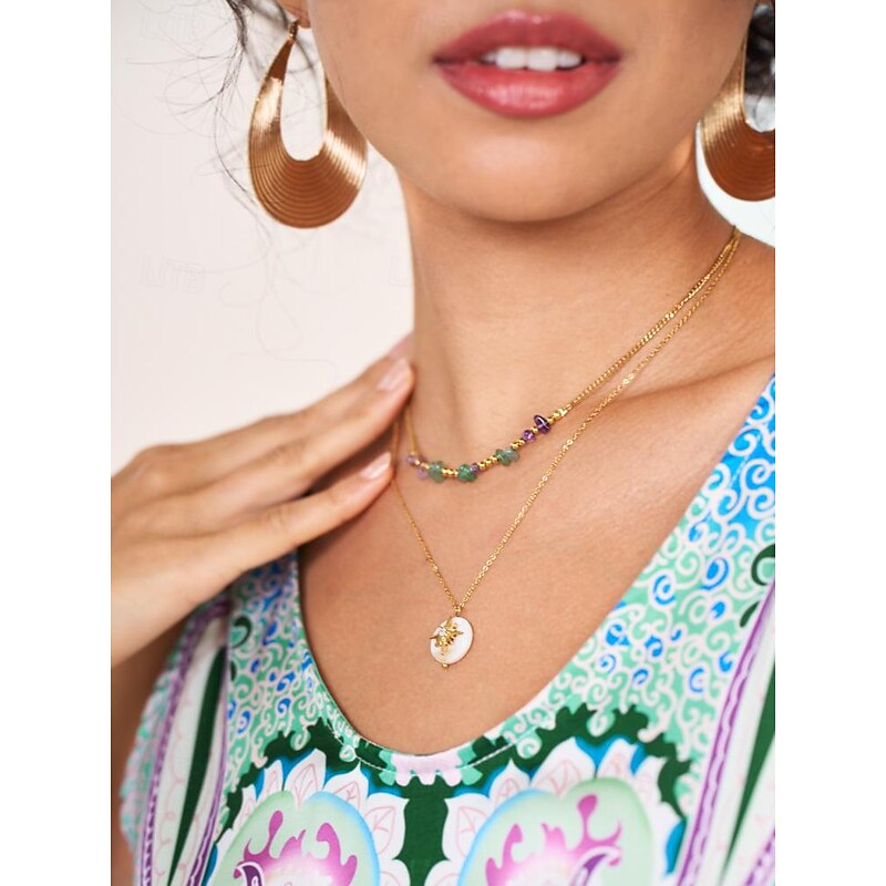 Women's Chic Multi-Colored Natural Stone and Shell Pendant Necklace - Gold-Plated Stainless Steel Chain with Cubic Zirconia Accent2