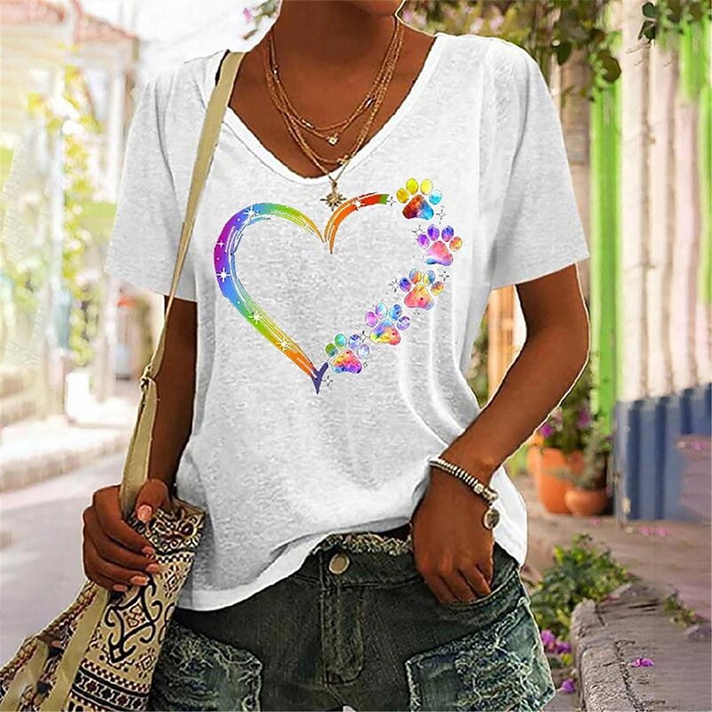 Women's T Shirt Heart Fashion Modern Half Sleeve V Neck Regular Tops Vacation Daily Black White Blue Gray Summer4