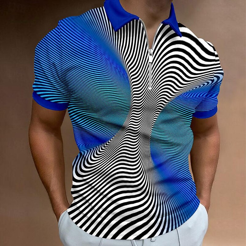 Men's Graphic Zip Polo Shirts Golf Shirt Short Sleeve Polo Shirts Collared Shirts Vacation Wear Rave Wear Party Outfits 3D Print Quarter Zip Polo Summer Spring Black Blue