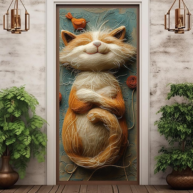 Cute Fur Cat Door Covers Mural Decor Door Tapestry Door Curtain Decoration Backdrop Door Banner Removable for Front Door Indoor Outdoor Home Room Decoration Farmhouse Decor Supplies