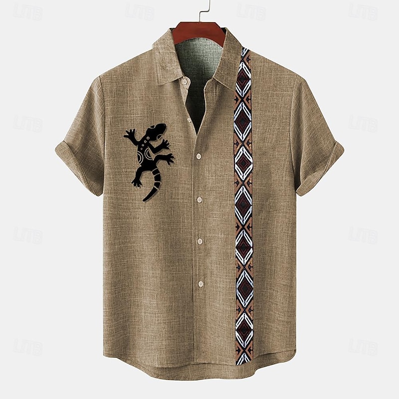Men's Shirt Linen Shirt Retro Shirts Vintage Shirt Ethnic Shirt Ethnic Work Casual Blue Green khaki Short Sleeve Turndown Summer Spring Clothing Apparel