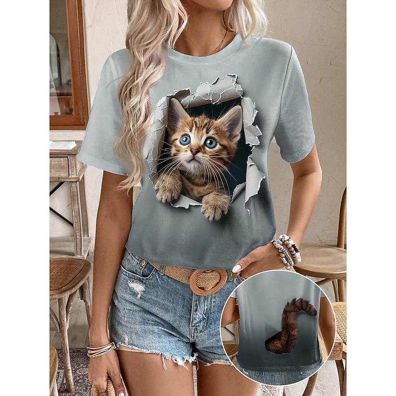 Women's T Shirt Fashion Cat Print Short Sleeve Regular Tops Round Neck Daily Weekend Gray Summer 3D cat