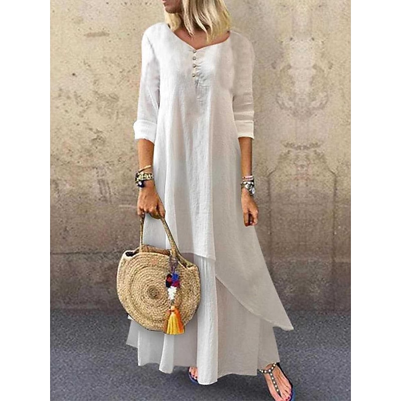 Women's Black White Yellow Summer Spring Maxi Dress Linen-Inspired Dresses White Dress Casual Dress Basic Modern Daily Weekend Loose Fit Plain V Neck