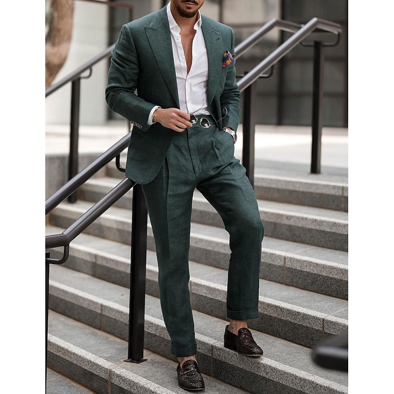 Men's Wedding Linen Suits Peaked Lapel Dark Green Solid Colored Tailored Fit 2 Piece Single Breasted One-button3