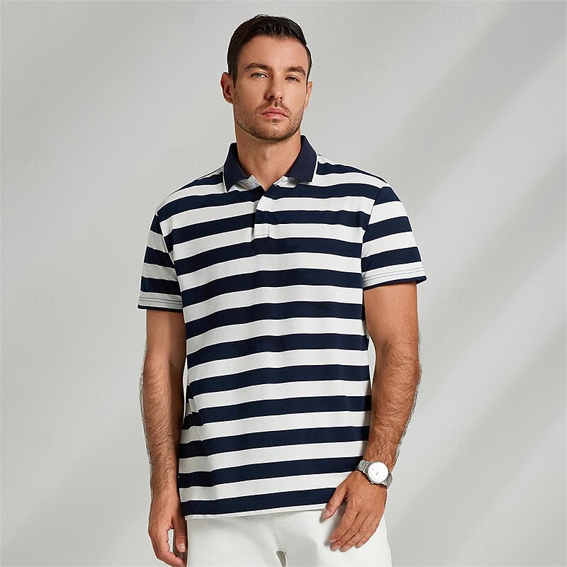 Men's Knit Polo Golf Polo Casual Sports Polo Shirt Turndown Short Sleeve Fashion Basic Stripe Plain Button Summer Regular Fit Black Blue2