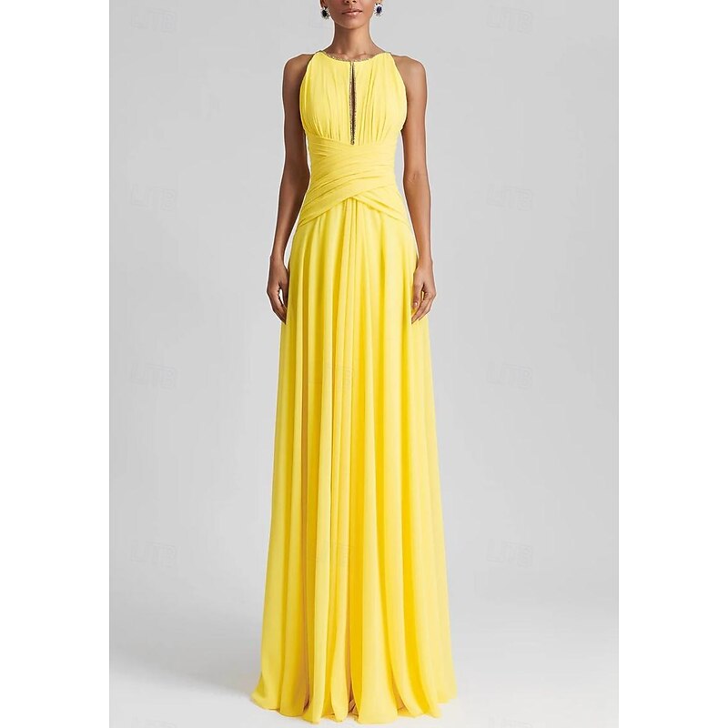 Beach Wedding A-Line Evening Gown Elegant Dress Formal Wedding Guest Floor Length Sleeveless Jewel Neck Chiffon with Rhinestone Glitter Pleats4