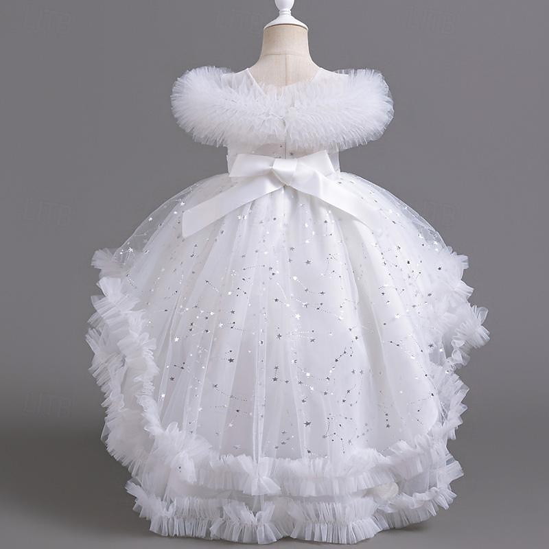 Kids Girls' Flower Girl Dress Party Dress Solid Color Floral Star Sleeveless Wedding Party Special Occasion Sequins Ruched Mesh Adorable Sweet Cotton Polyester Asymmetrical Party Dress Summer Spring2