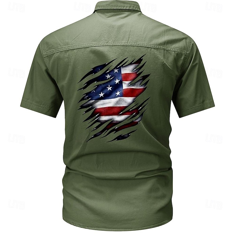 Men's National Flag Work Shirt Western Shirt Cargo Shirt Short Sleeve Casual Tactical Going out Summer Turndown Buttons Print Black Green Dark Blue Beige Gray3