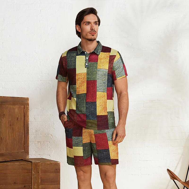 Men's Plaid Waffle Polo Shirts Golf Shirt Short Sleeve Polo Shirts Collared Shirts Vintage Casual Vacation Wear Formal Wear Festival Wear Buttons 3D Print Light Yellow Crystal / Orange Yellow4