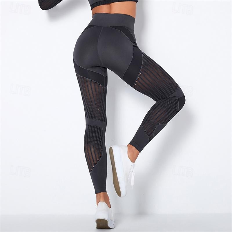 Women's Yoga Pants Yoga Leggings Patchwork Mesh High Waist Pilates Gym Workout Workout Tights Color Block Dark Grey Black Army Green Spandex Sports Activewear Stretchy Slim