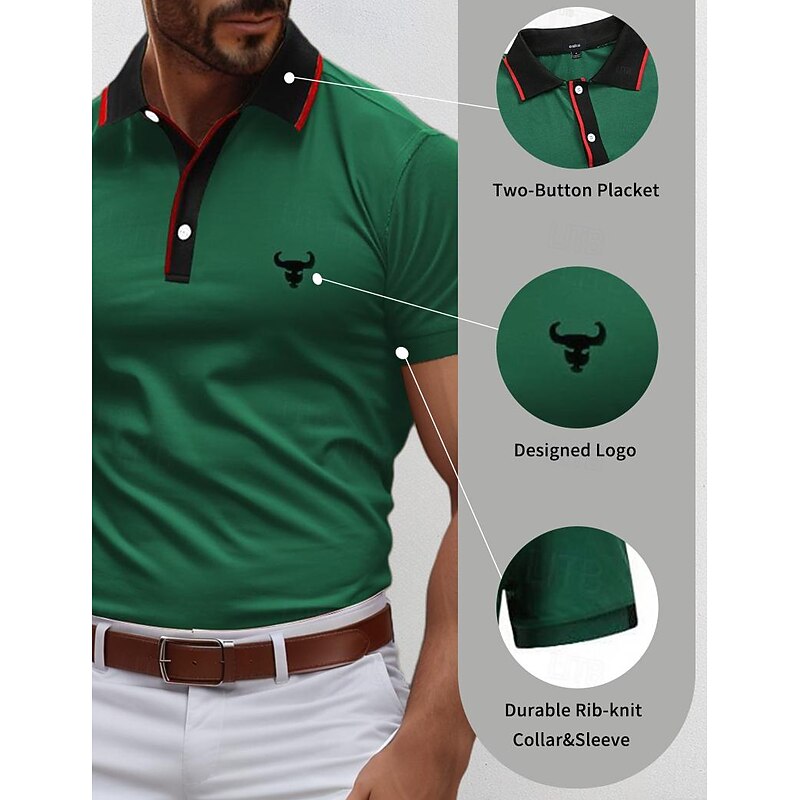 Men's Polo Shirts Golf Shirt Casual Sports Ribbed Polo Collar Short Sleeve Fashion Basic Color Block Cow Patchwork Embroidered Summer Regular Fit Yellow Red Blue Green Polo Shirts2