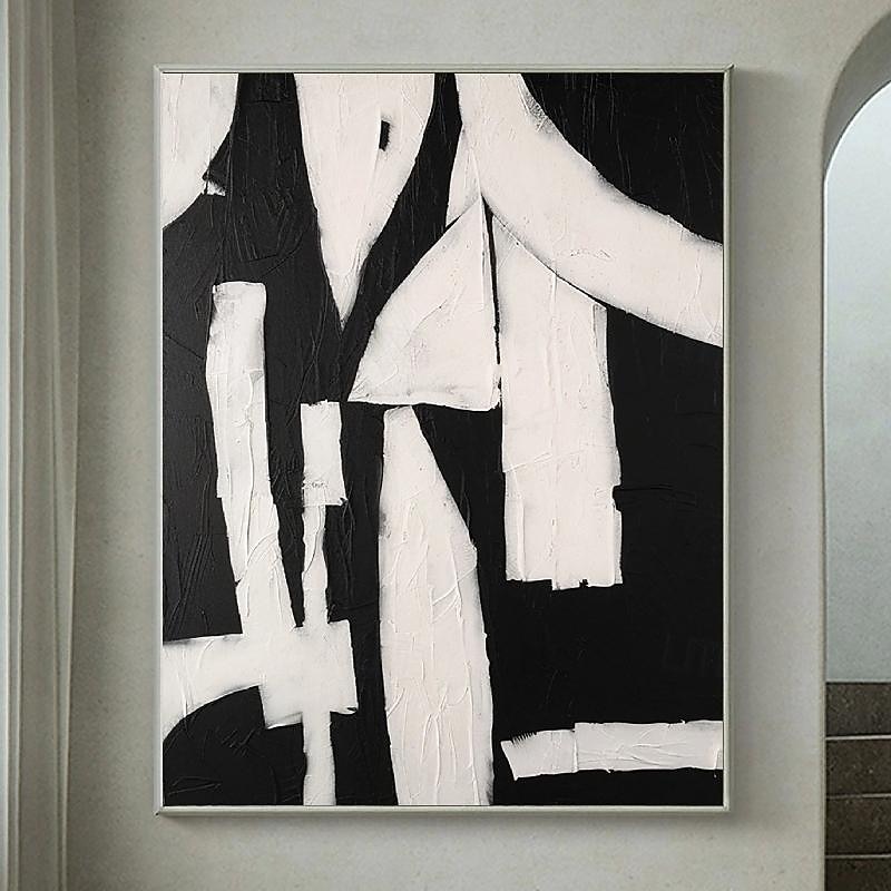 Handpainted White Black Textured Painting Oversized 3D handmade Abstract Geometric Wall Art painting Large Minimalist black white textured Painting for Living Room bedroom Wall Decor Abstract Art