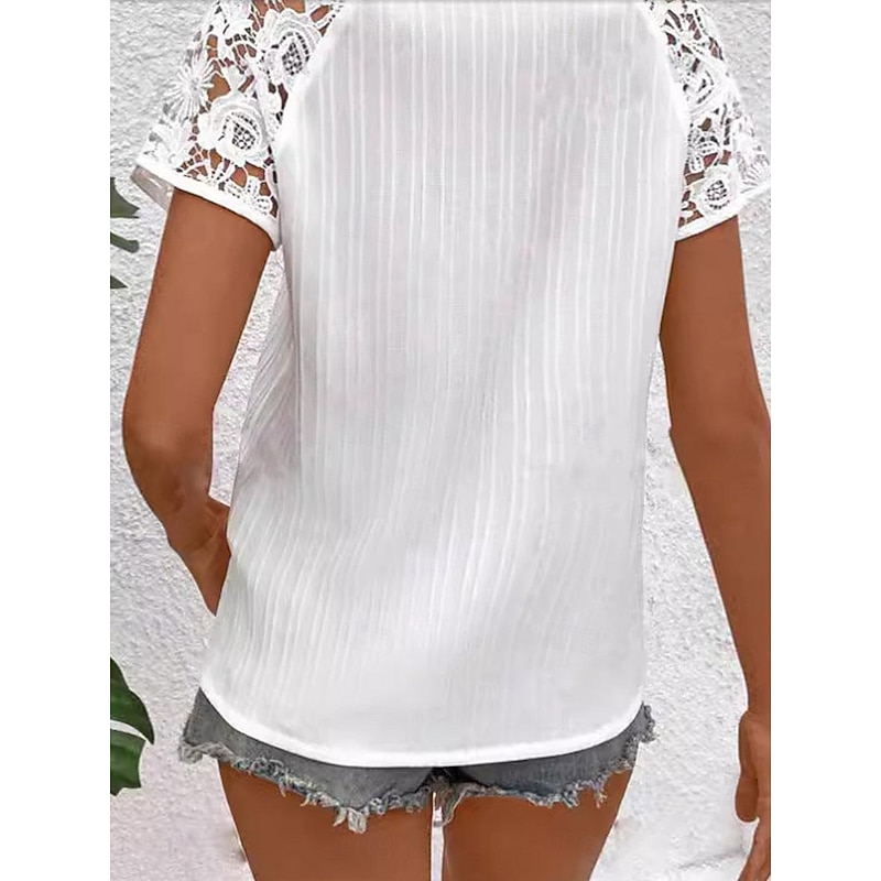 Women's White Elegant Lace Tops Eyelet Blouse Daily Stylish Plain Regular Tops Short Sleeve V Neck Lace Regular Fit Vacation Daily Romantic Petite Tops Summer Holiday Wear White Summer Spring Fall2