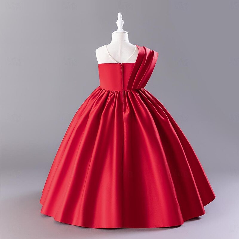 Flower Girl Dress Girls' Dress Party Dress Performance Wedding Party Elegant Daily Pleated Solid Color Sleeveless Crew Neck Black Red 3-13 Years3
