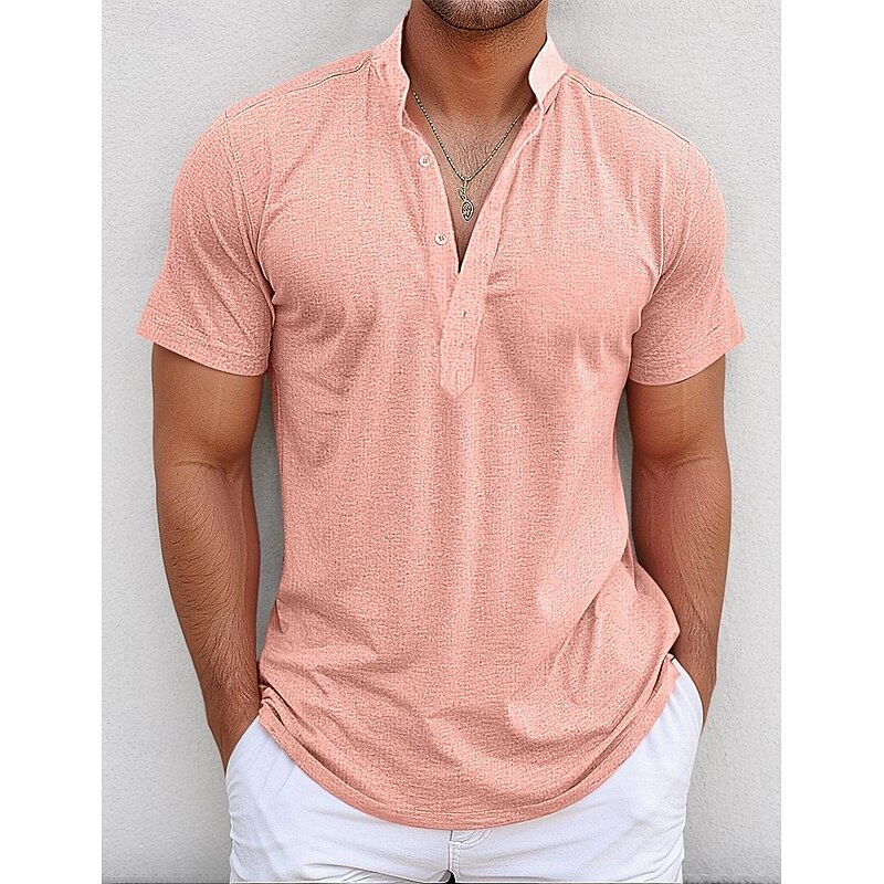 Men's Shirt Linen Shirt Popover Shirt Summer Shirt Beach Wear Band Collar Shirt Plain Vacation Casual Black White Pink Green Short Sleeve Henley Summer Clothing Apparel