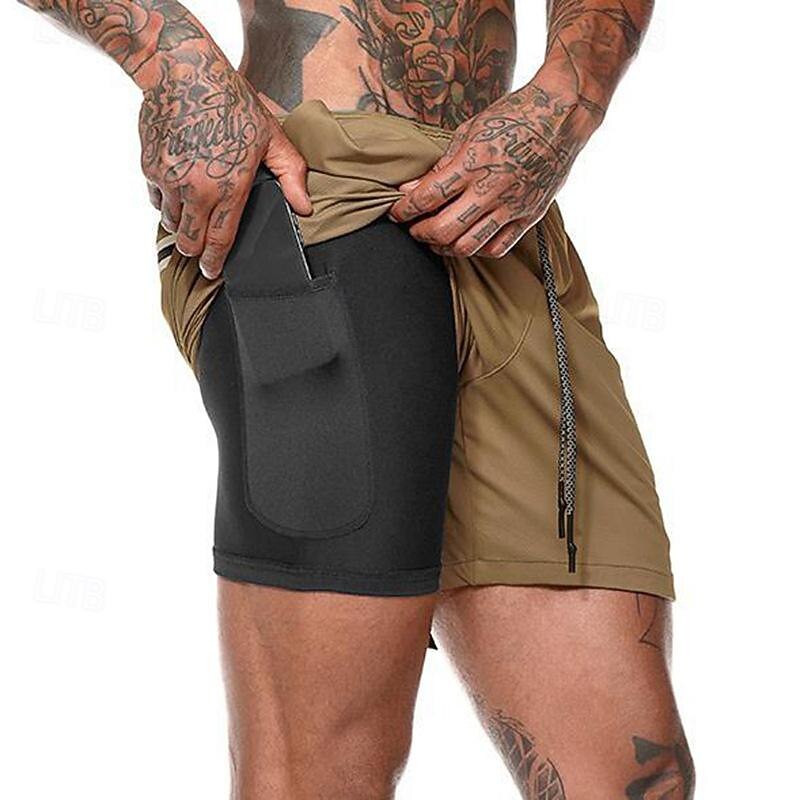 Men's Gym Shorts Sports Fitness Running Casual Drawstring Compression Liner Elastic Waist Plain Knee Length Gymnatics Activewear Black White Micro-elastic3