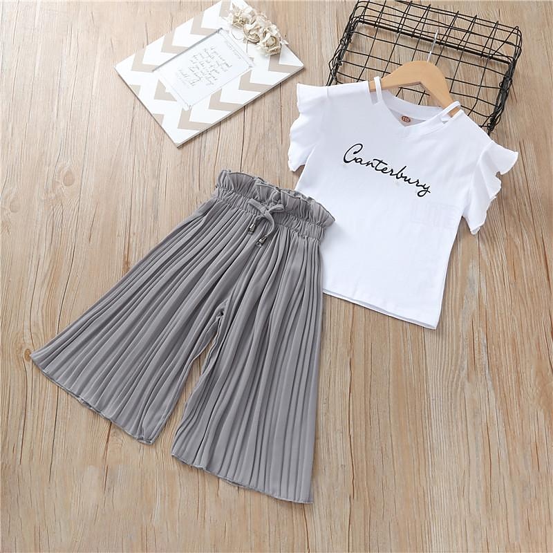 Summer Girls Clothing Sets Kids T-shirt +Wide Leg Pants Suits Children Short Sleeve Baby Girl Clothes